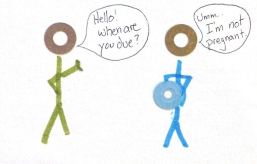 Two stick figures talking to one another. The person on left says, \