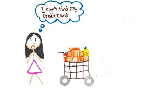 A stick figure in a grocery store being upset after she found out that her credit card was missing from her wallet