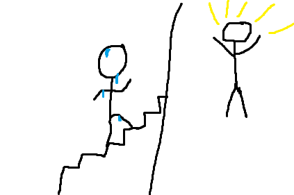 Person sweating heavily as their running up a flight of stairs while drenched in sweat while in the next panel they are seen glowing with energy.