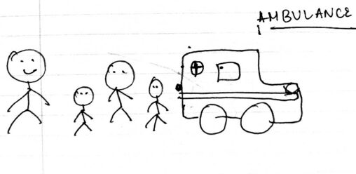 Stick figure is showing a ambulance and lot of people is standing near ambulance.
