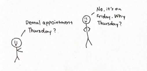 A small stick figure is asking the bigger stick figure that is the dental appointment on Thursday, and the bigger stick figure answered that it is on Friday.