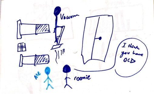 Two stick people stand next to the two beds in the dormitory.The room has a cabinet and a vacuum.