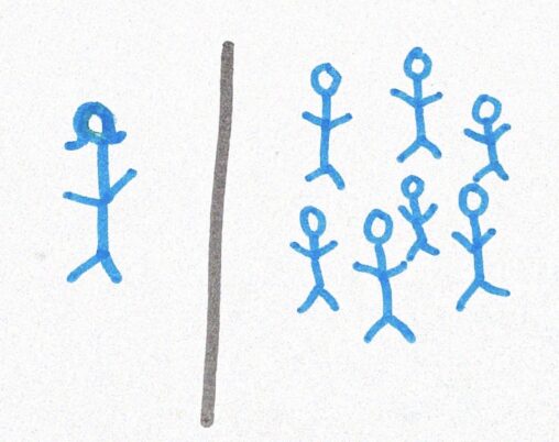 stick figure person on left, line in middle, multiple stick figure persons to the right