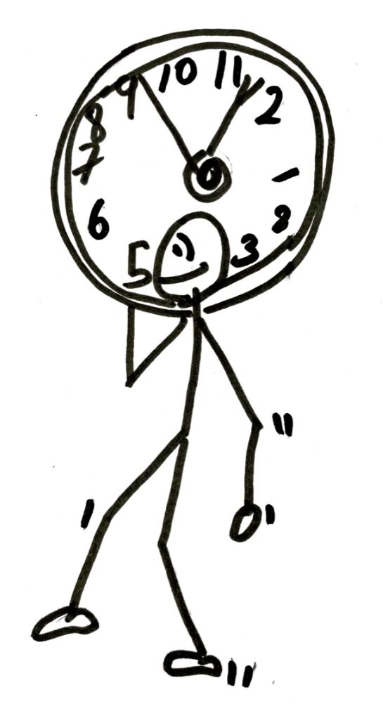 The stick figure in the image is basically holding clock in his hand and looks really happy. The clock is quite big.