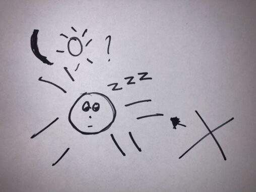 A moon and a sun are above a stick figures face who had sleeping symbols coming above it. There is an \