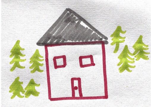red cabin with trees surrounding it.