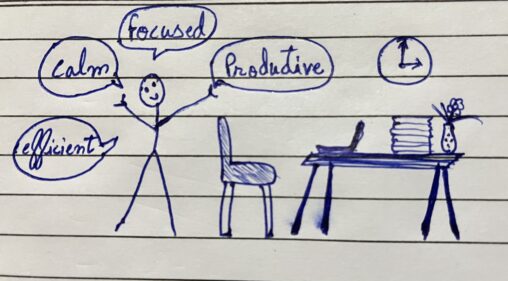 This comix reveal a relaxed stickman figure, who is calm and focused, standing beside the table and chair, stretching body. He is following the time management practice and not using phone while doing work to gain maximum efficiency as the productivity increases when we do one task at a time with full focus. This practice of time management helps in finishing the tasks on time or even before the deadline.